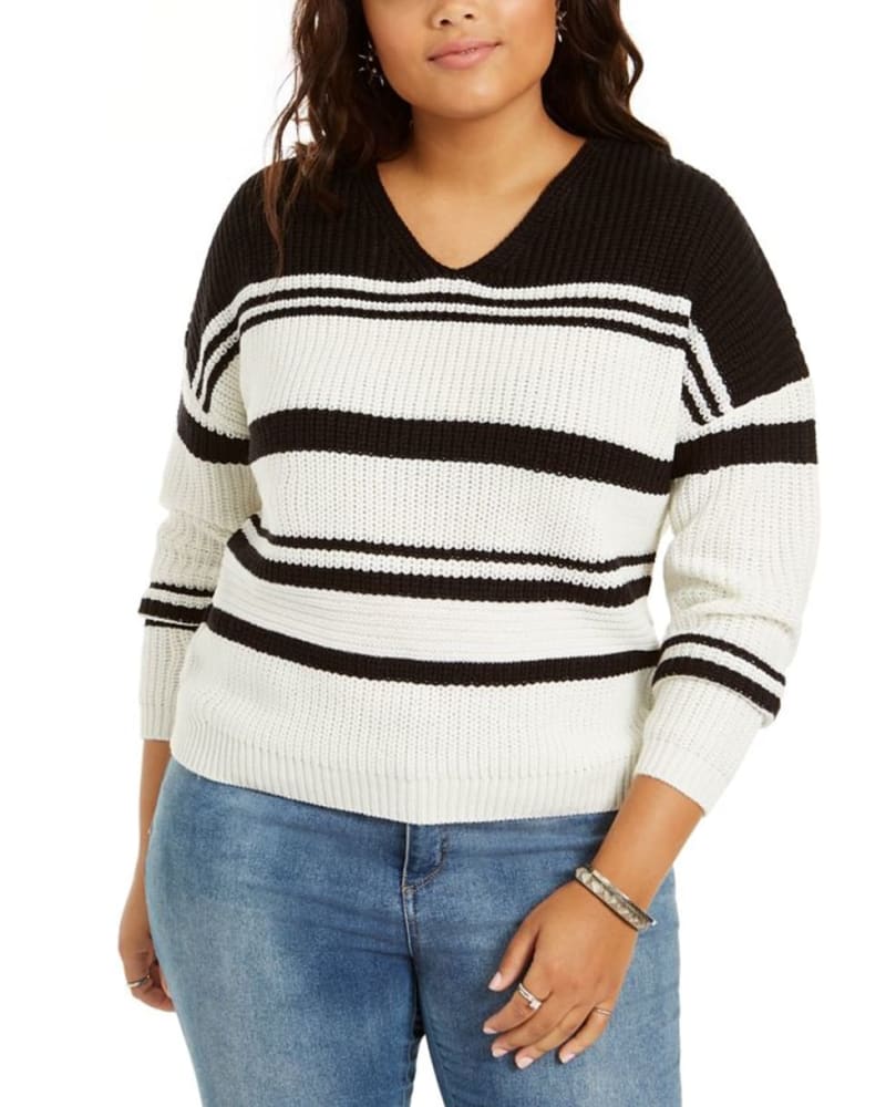 Front of a model wearing a size 3X Planet Gold Women's Trendy Plus Striped V Neck Lace up Back Sweater Black Size 3X in Black by Planet Gold. | dia_product_style_image_id:314518